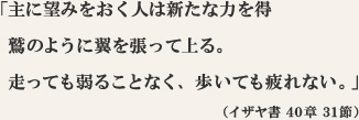 主に望みをおく人は新たな力を得 鷲のように翼を張って上る。走っても弱ることなく、歩いても疲れない。(イザヤ書 40章 31節) 聖書